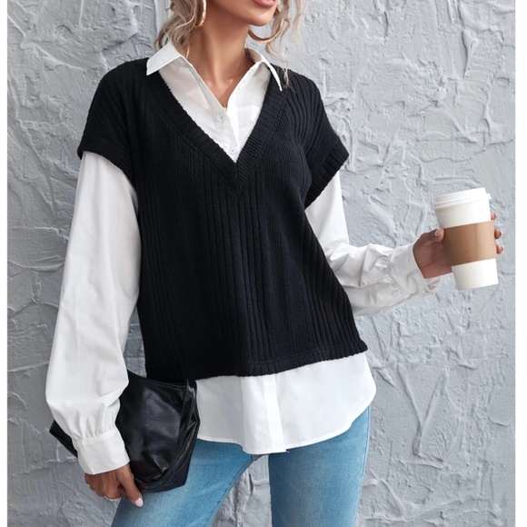 Rouge! Sweaters - 2 in 1 Black Knit Vest On White Button Up Shirt
